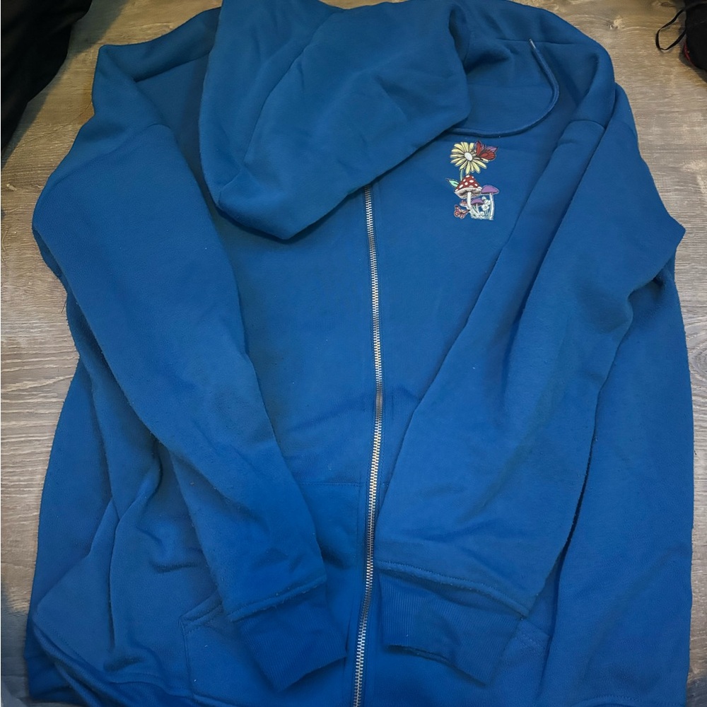 Blue Zip-Up Hoodie with Embroidered Design